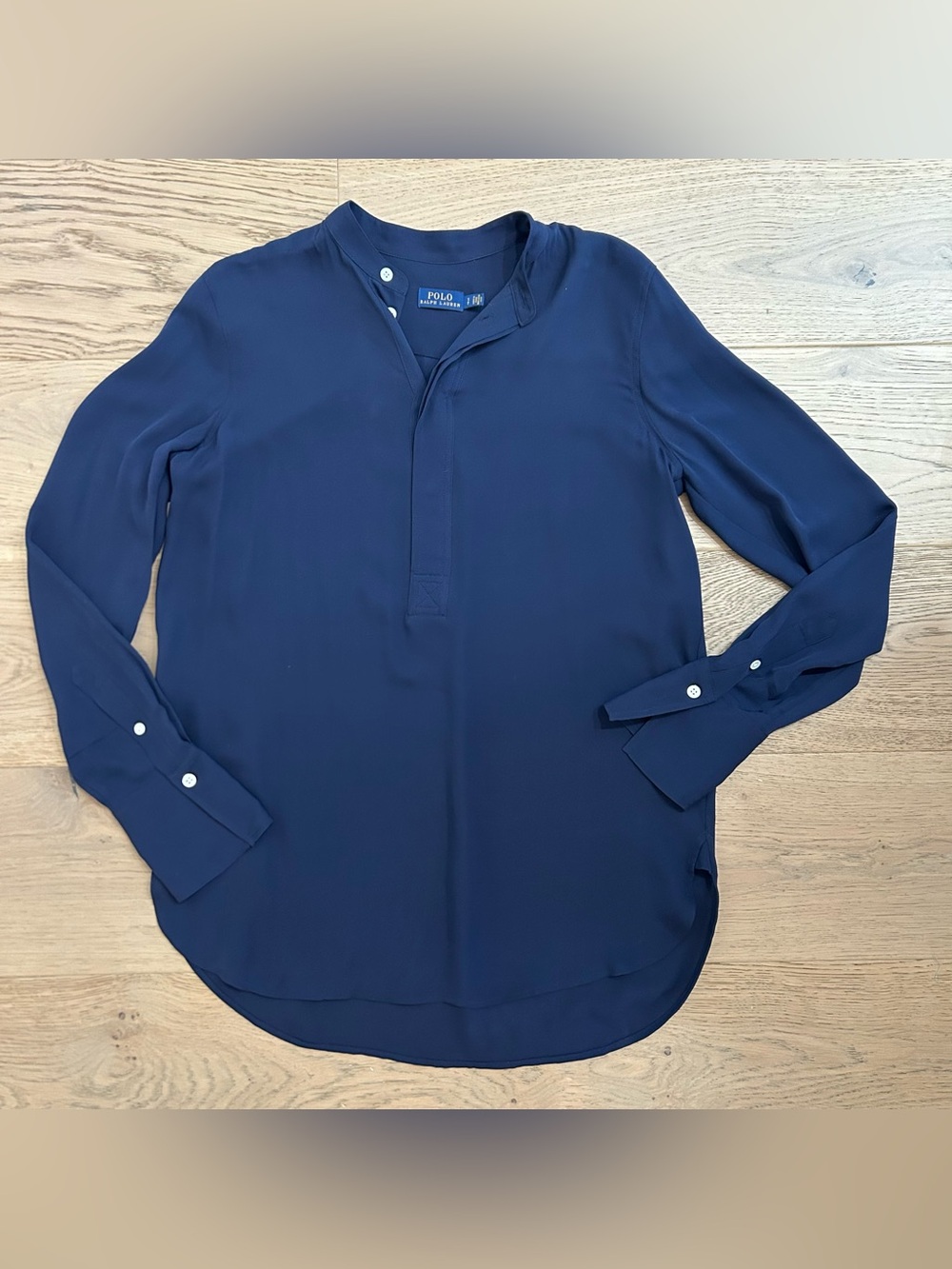 Polo Ralph Lauren Navy Blue Silk Button Up Tunic Blouse Top Size Small